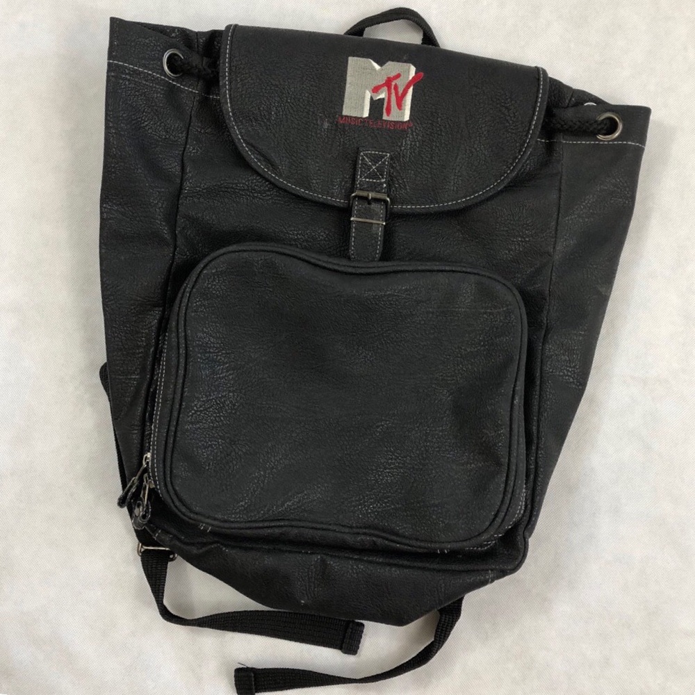 Vintage 90’s MTV Black Leather Drawstring Backpack